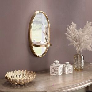 Set of Two (2) Oval 12” Gold Finish Mirrors with Shelf